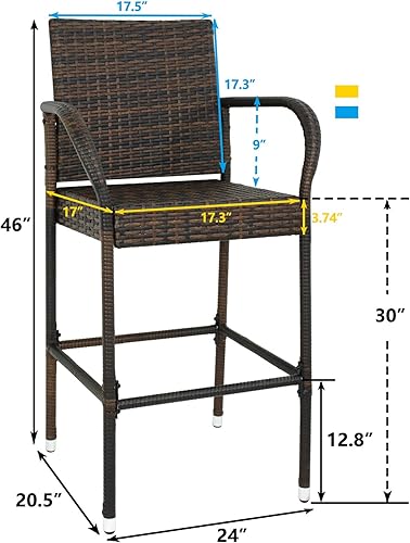 Miniatura 3 de LEMY Taburetes de bar para exteriores, juego de 2 sillas de mimbre para patio, muebles de ratán para interiores con reposabrazos para jardín,