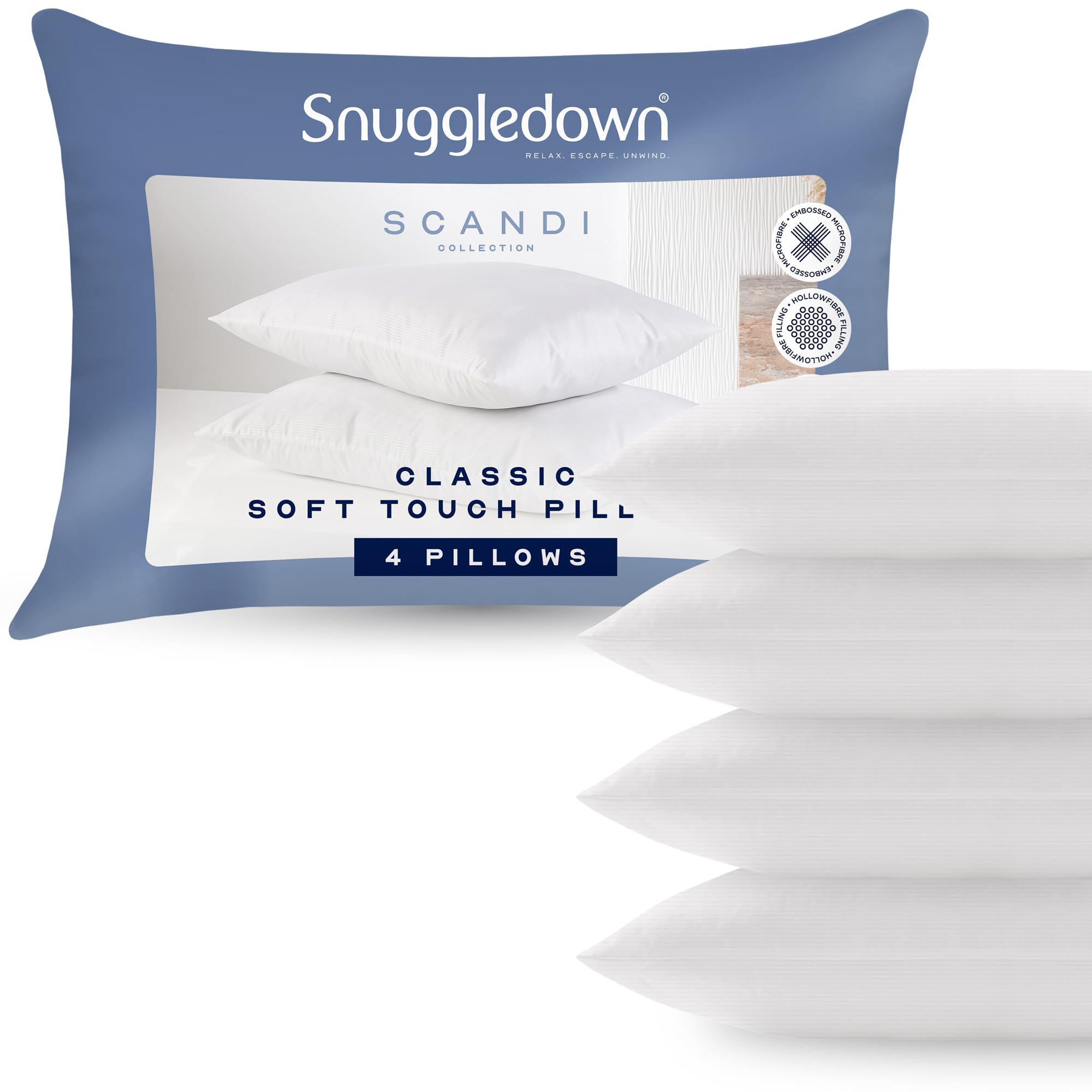 Snuggledown Soft Touch Striped Pillows 4 Pack - Hotel Quality, Bouncy & Supportive Pillow for Back & Side Sleepers | UK-Made, Non-Allergenic Cover, Washable (48 x 74cm)