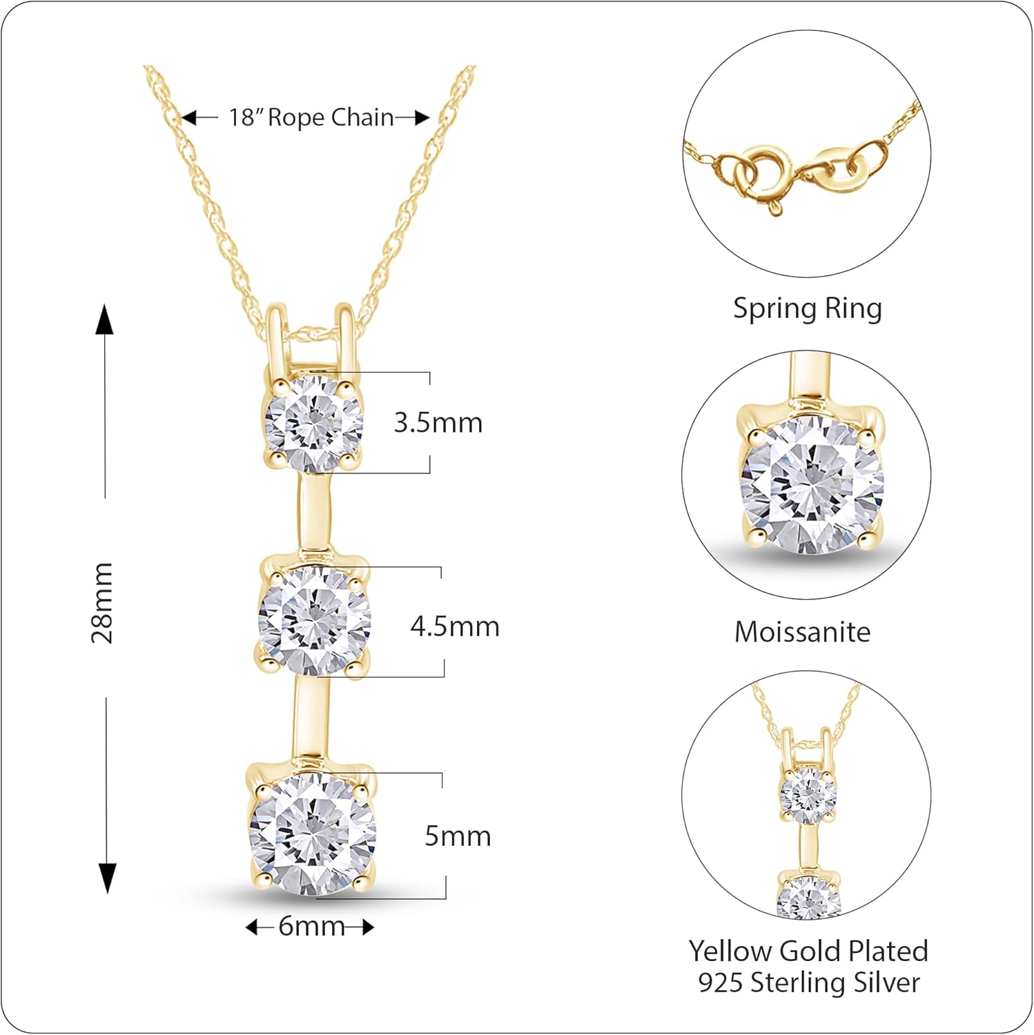 Past Present Future 3 Stone Pendant Necklace for Women Round Cut Moissanite or Cubic Zirconia and Lab Grown Diamond 14K Gold Plated Sterling Silver with 18" Chain, Dainty Anniversary & Promise Jewelry - Image 3