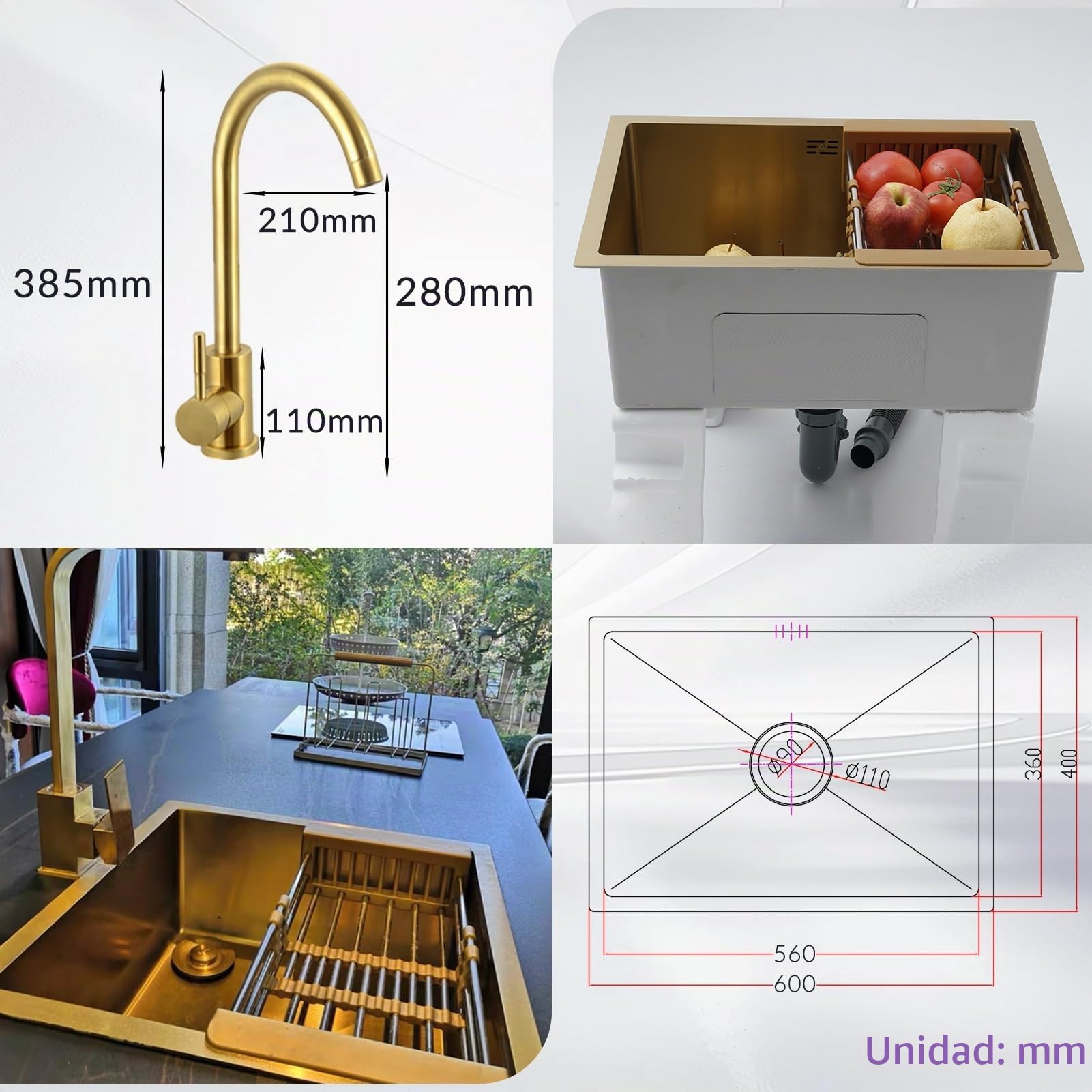 60x40cm Fregadero De Cocina De Acero Inoxidable oro, Un Seno Con Grifo, Fregadero Bajo Encimera o Sobre Encimera, Con Sifón Y Filtro De Drenaje, con Sifón, Dispensador de Jabón y Juego de Desagüe