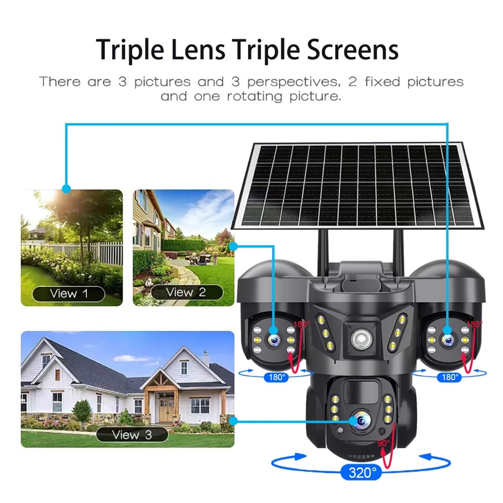 Kamera bezpieczeństwa, 6MP Triple Lenses WiFi Solar Camera PIR Human Detection Night Vision Waterproof Security CCTV Camara Battery Video Monitor(WIFI Camera)