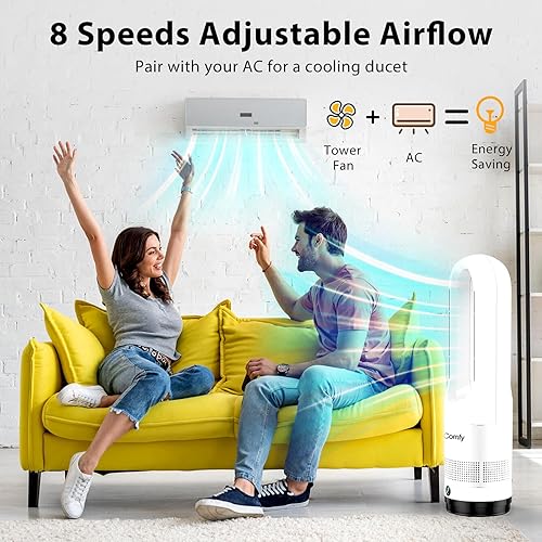 Miniatura 3 de Ventilador de torre sin aspas para dormitorio, calentador de espacio de 22 pulgadas y 1400 W y ventilador de enfriador de 40 W con control remoto,