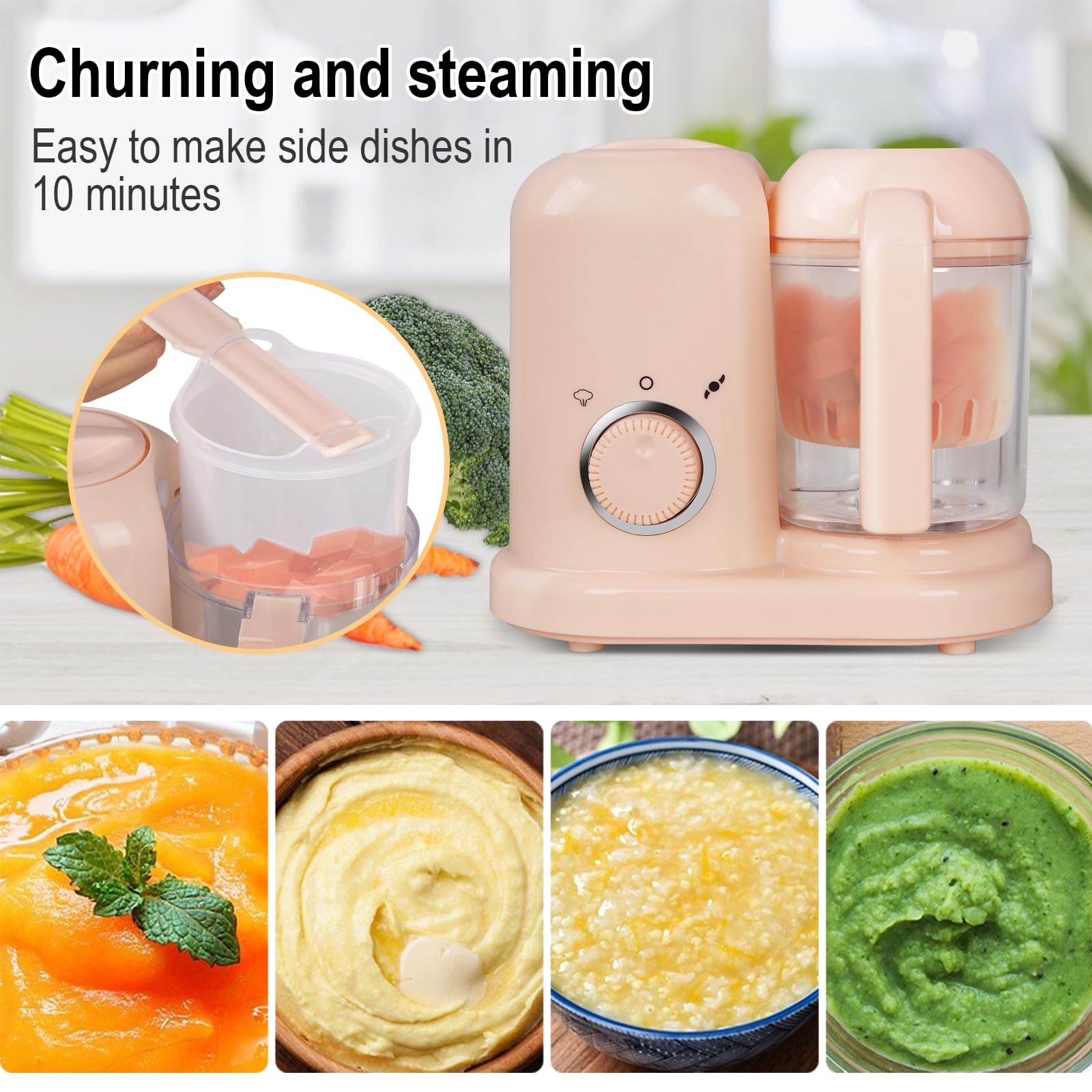 Multifunktions-Roboter 4-in-1, Babynahrungszubereiter, Lebensmitteldiversifizierung, Dampfgarer, Mixer, Auftauen, Erwärmen, sanftes Dampfgaren, schnelles Dampfgaren (rosa)