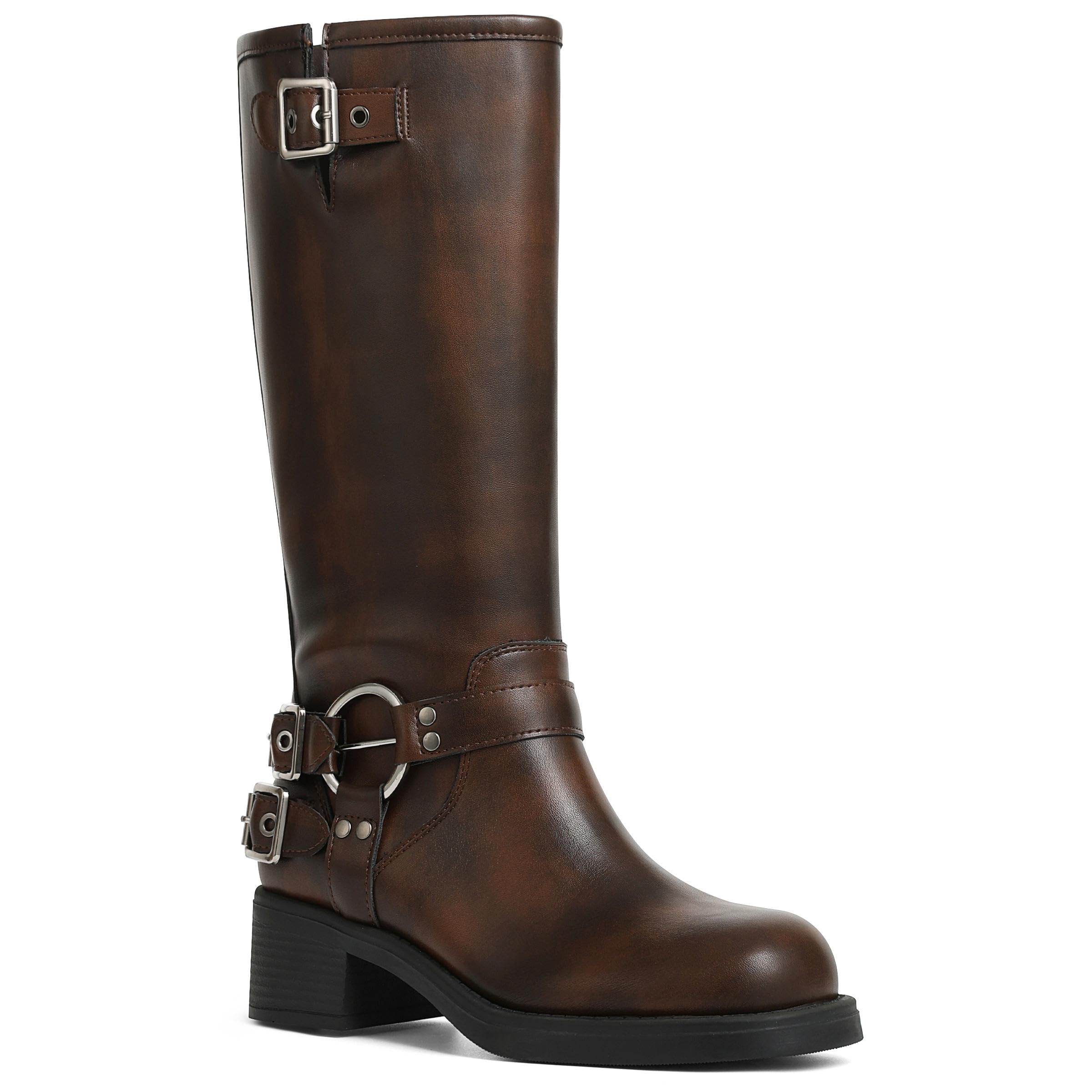 AMINUGAL Knee High Boots Women Square Toe Pull On Wide Calf Riding Fashion Buckles Chunky Metallic Casual Vintage