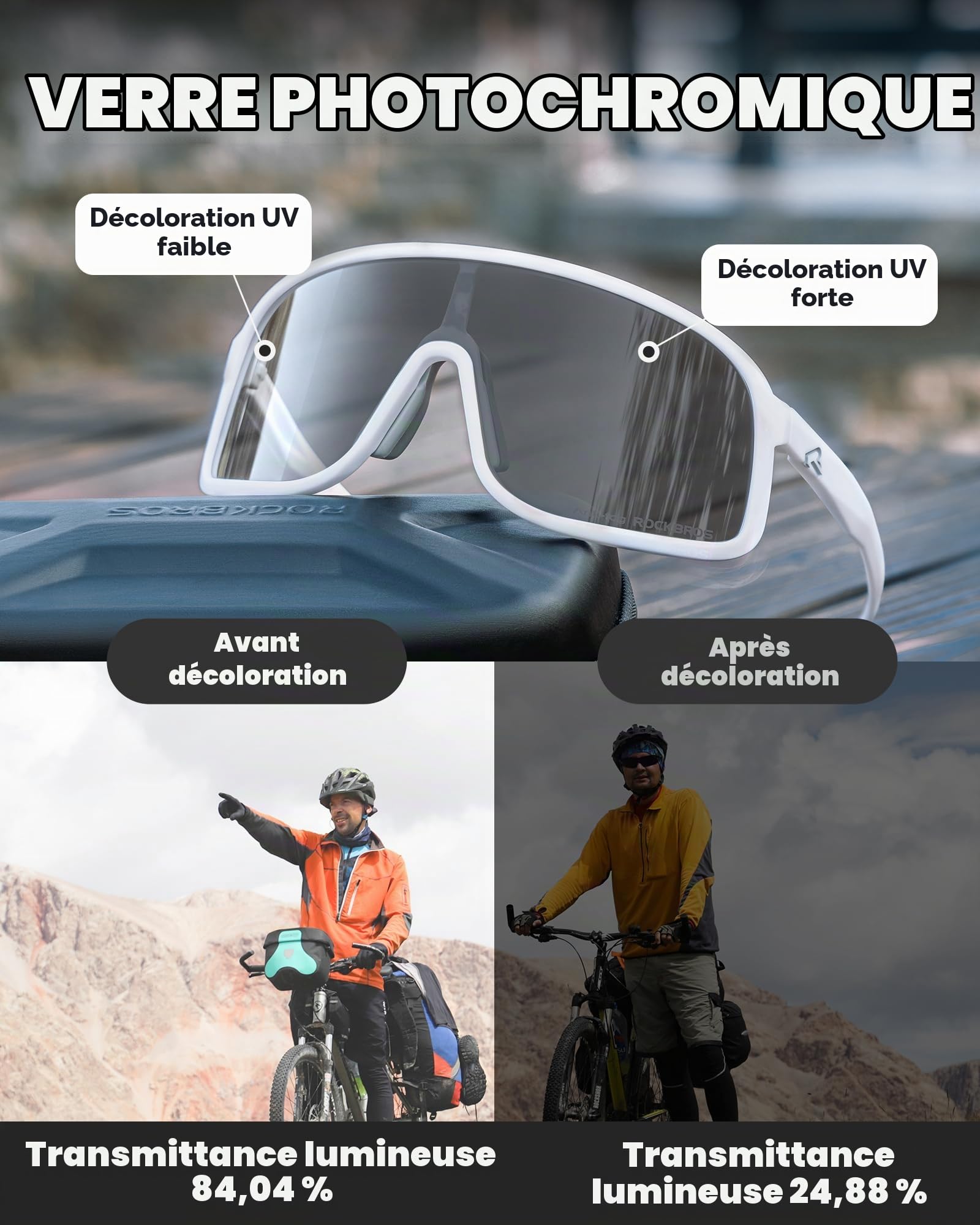 ROCKBROS Lunettes Soleil Photochromiques Sport, Cyclisme Lunettes Photochromiques Anti-UV400 Verres PC Cadre TR90 Léger Homme Femme Vélo VTT Pêche Course Golf Sports de Plein Air