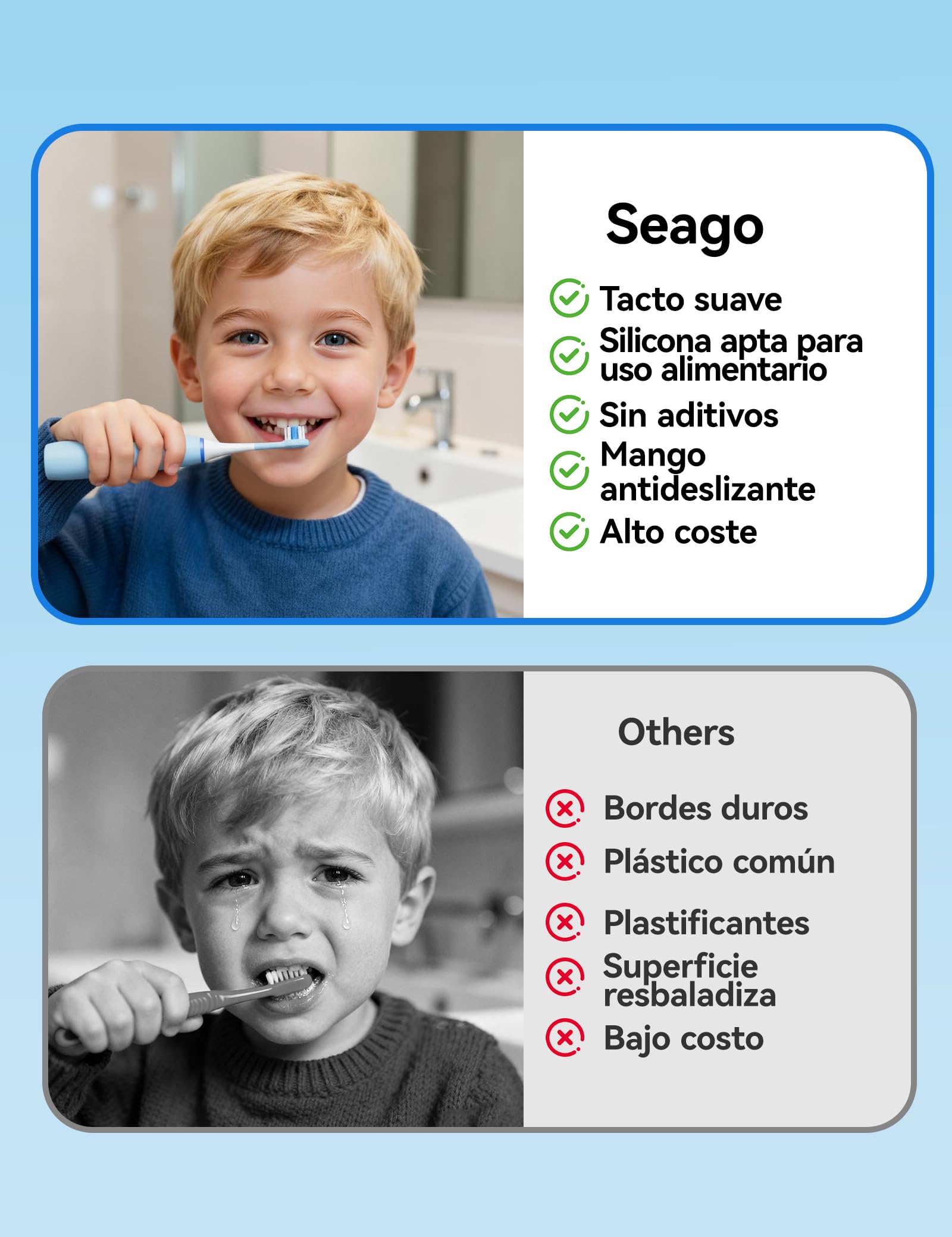 Seago Cepillo de dientes eléctrico para niños de 5 a 8 años, Cepillo de dientes eléctrico infantil con estación de carga, libre de BPA, mango antideslizante de silicona apta para alimentos(Azul)