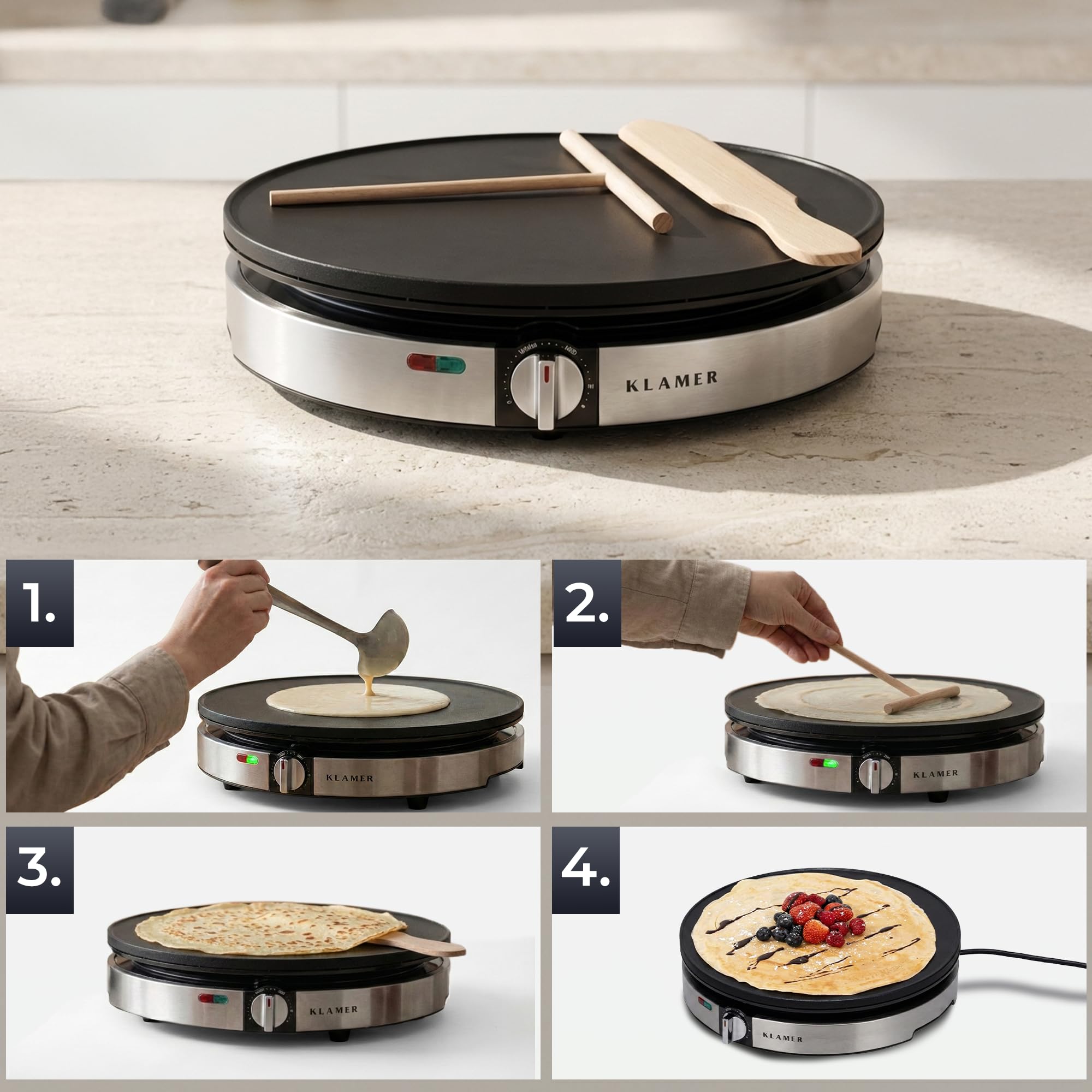 KLAMER Crepes Maker, Backfläche mit 30cm Ø, antihaftbeschichtete Platte, inkl. Teigverteiler und Wender aus Holz, Crepes Eisen für Crepes, Pancakes & Tortilla, 1400W