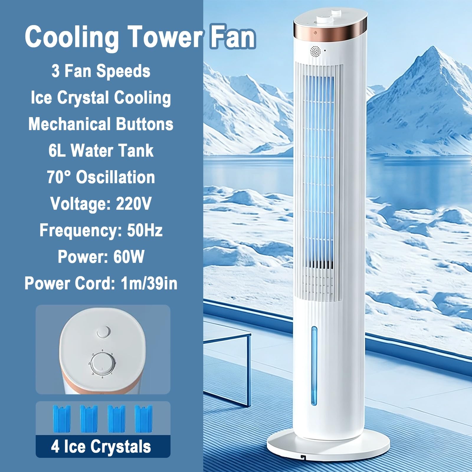 Ventiladores de Torre, 60W Ventilador Columna Refrigerante, Oscilación 70° | Ventilador de Pie Torre, Altura 106cm, 3 Velocidades, Enfriamiento con Cristales de Hielo, para Dormitorio