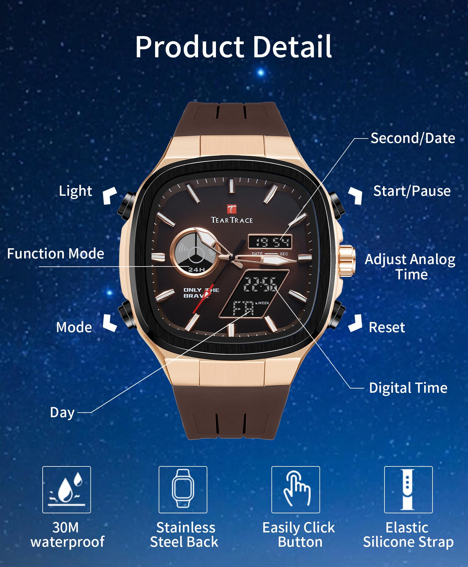 TEARTRACE Reloj analógico digital para hombre, luminoso, impermeable, deportivo, moderno, casual, trabajo, ideal para deporte y uso diario, Marrón, deporte, trabajo, casual