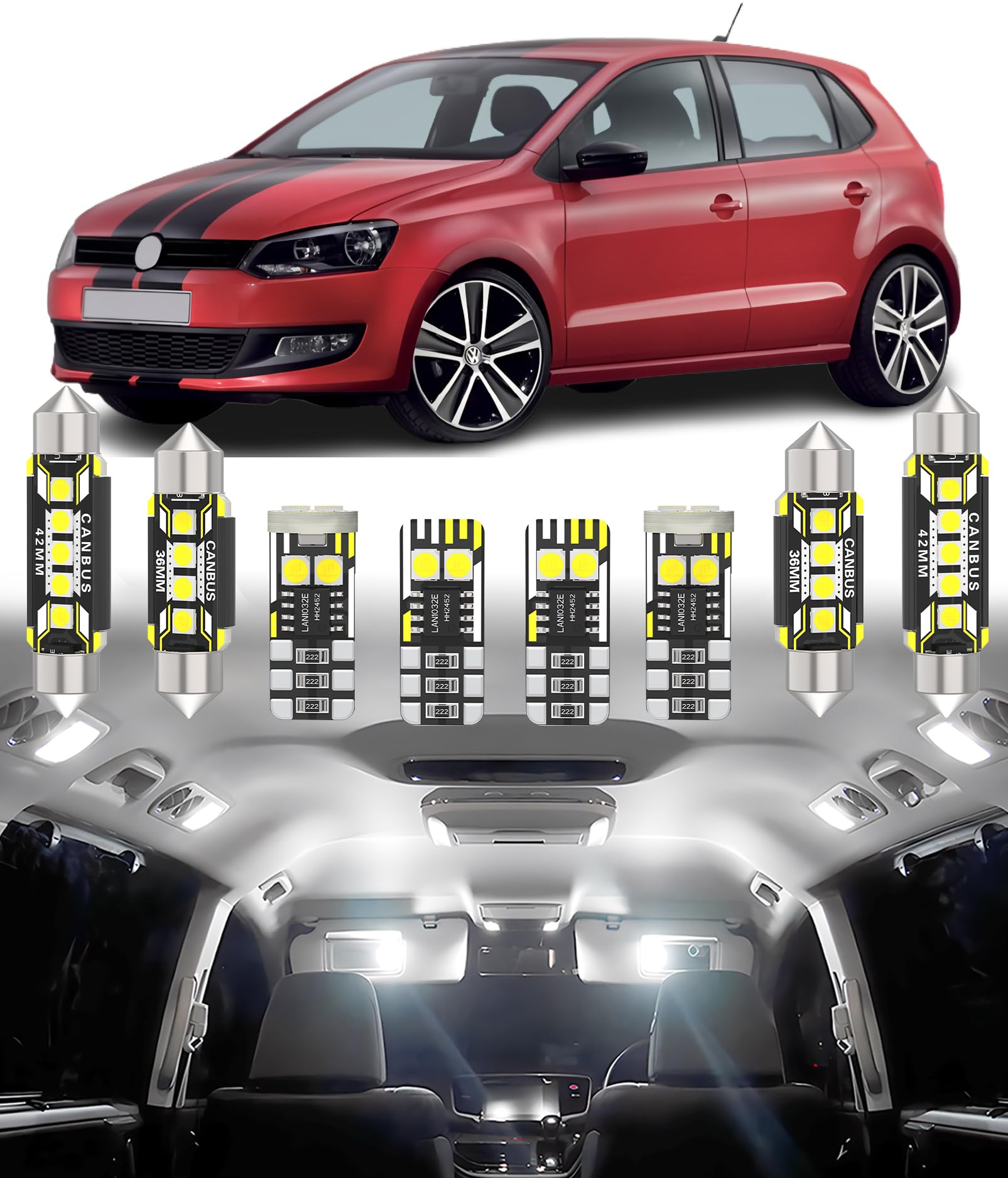 BMT xms 8pz Kit di Luci LED per Interni per Volkswagen VW Polo MK4 MK5 9N 9N3 6R 6C 61 2002-2017, Lampadine LED per Interni Auto e Camion 6000K Bianco Luminoso