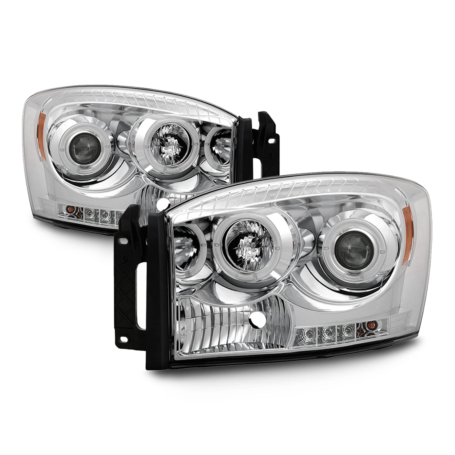 AKKON - For Dodge Ram Pickup Truck Chrome Clear Dual Halo Ring LED Projector Headlights Left + Right Replacement