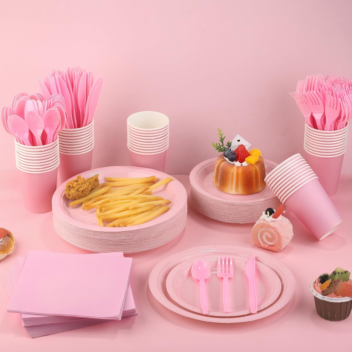 Kochorie 350 Pcs Pink Paper Dinnerware Set, 7 & 9 Inch Disposable Pink Dessert Plates Cups Napkins Cutlery Party Supplies for Birthday Wedding Baby Shower Party Decoration, Serve 50 - Image 4