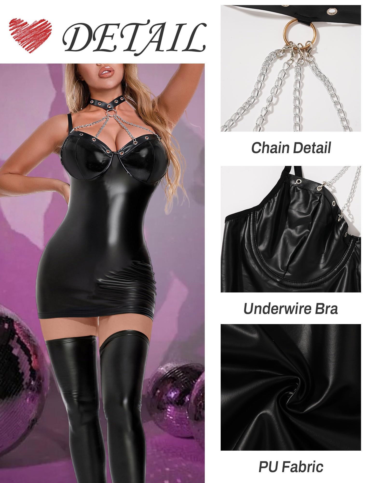 Maeau - Vestido Bodycon Cuero Sintético Mujer Cadena Choker sin Espalda Minivestido Wet Look Ropa de Fiesta Club Sexy S-XL