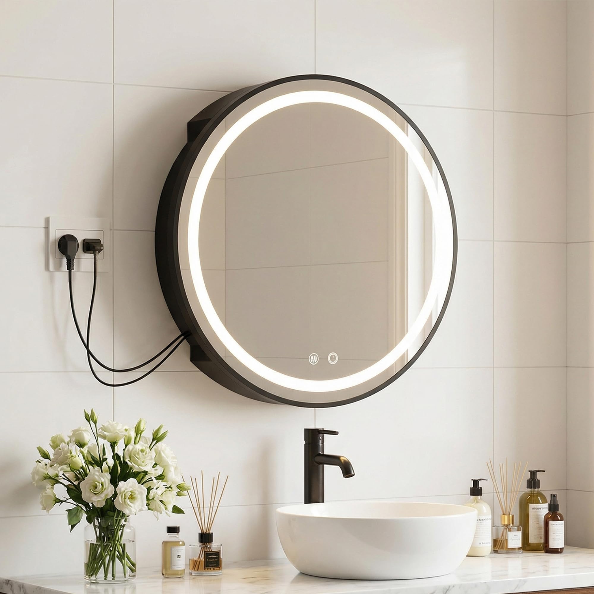 Specchio Contenitore Bagno con illuminazione e Antiappannamento Rotonda 50x50cm Armadietto Bagno a Parete con Presa (2*AC + 3*USB) e Lente d'ingrandimento 10x Nero (Nessun assemblaggio richiesto)