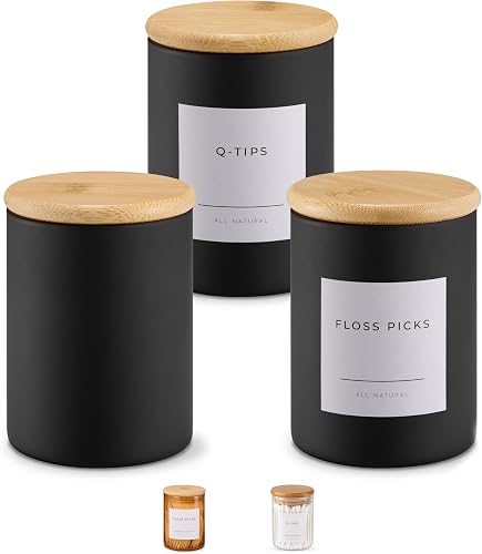 Vase and Vessel Mini Glass Apothecary Jars with Bamboo Lids, Small Bathroom and Kitchen Storage Containers, For Cotton Balls, Pads and Swabs, 10 oz, Set of 3 (Matte Black)