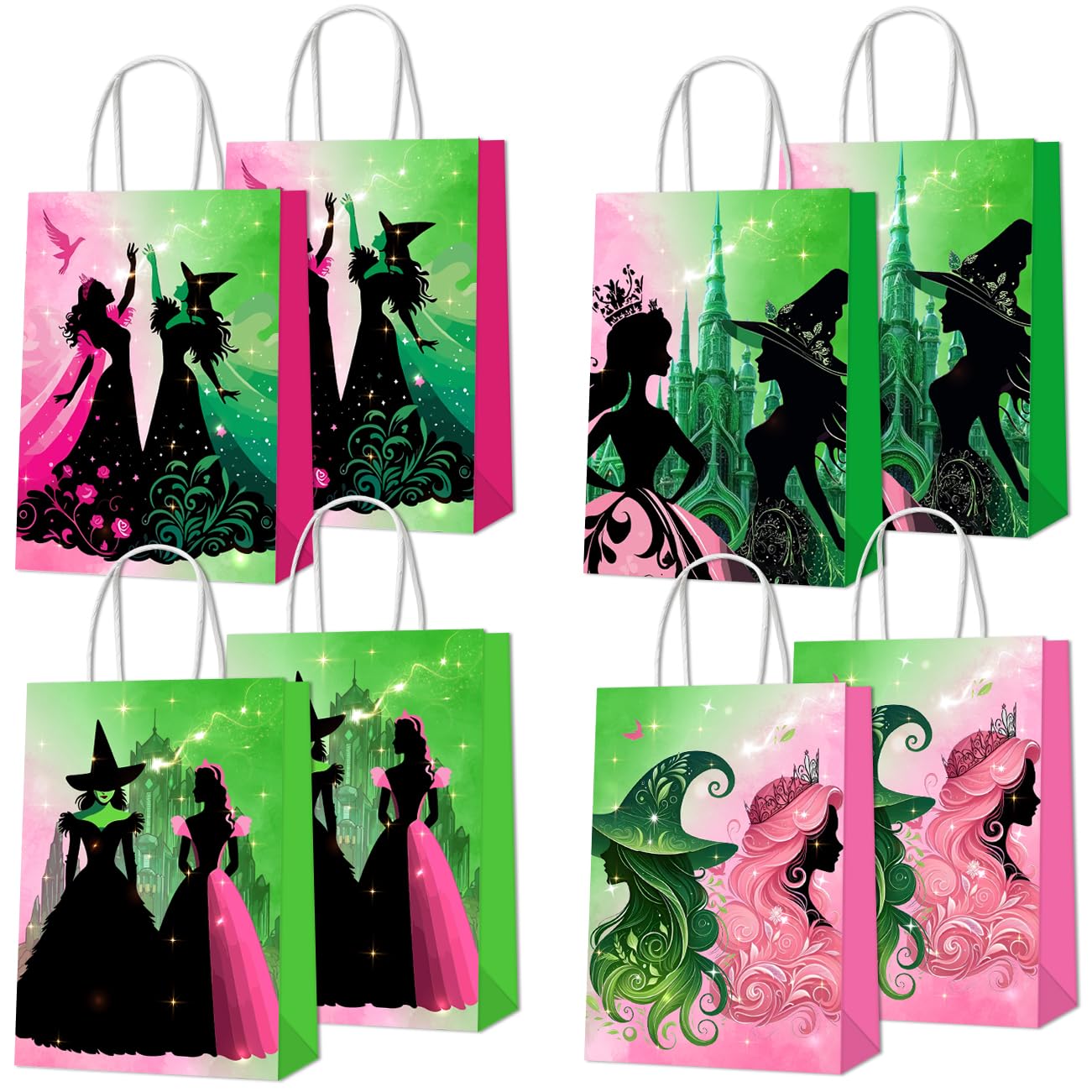 16 PCS Witch Theme Party Goodie Bags - Pink & Green Double Sided Paper Candy Bags With Handles