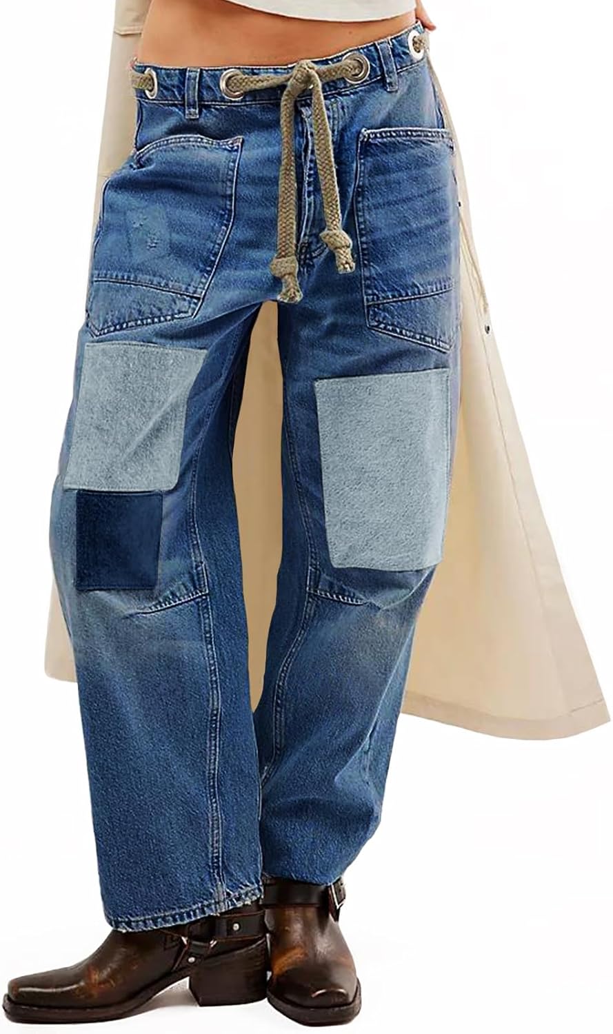PLNOTME Womens Baggy Barrel Horseshoe Jeans Wide Leg Patchwork Low Rise Denim Pants with Pockets - Image 5