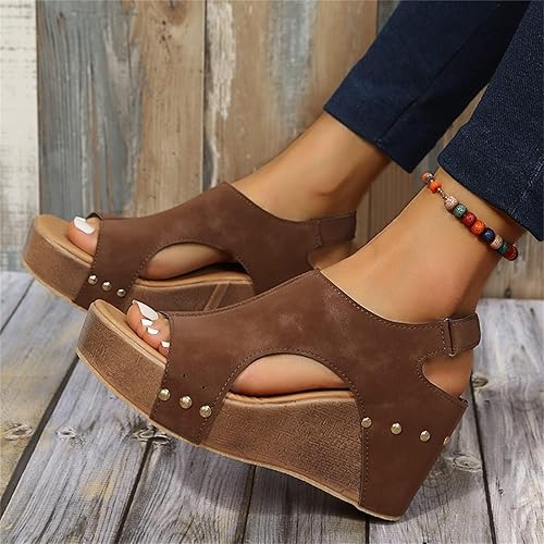 Miniatura 8 de Sandalias de cuña para mujer, sandalias de plataforma con punta abierta, correa al tobillo, sandalias de cuña de cuero, sandalias casuales de cuña
