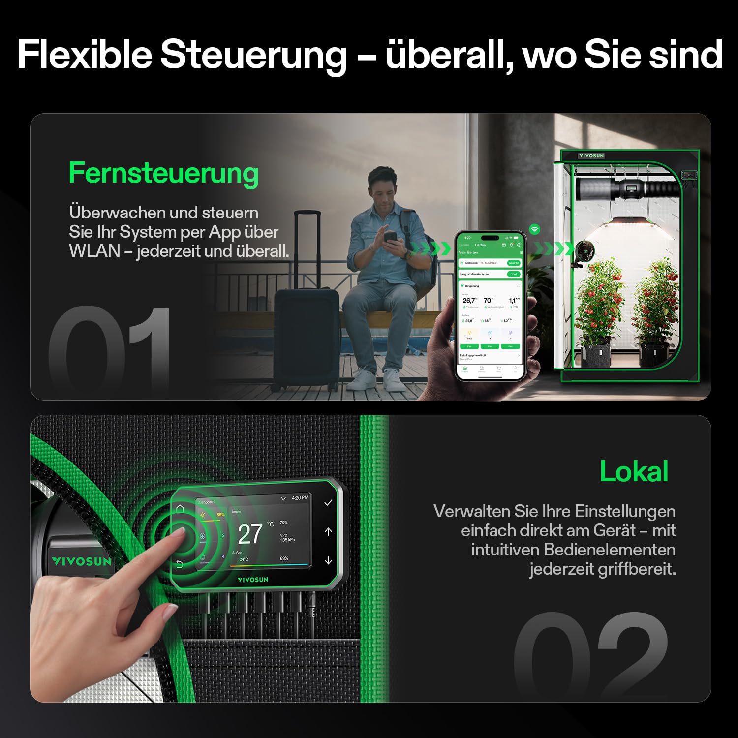VIVOSUN Smart Rohrventilator 100mm AeroZesh T4 PRO Abluftventilator 357m³/h mit GrowHub E42A+, VPD-Regler, WiFi/App-Fernsteuerung, Ventilator Growbox Rohrlüfter für Growzelte Gewächshäuser