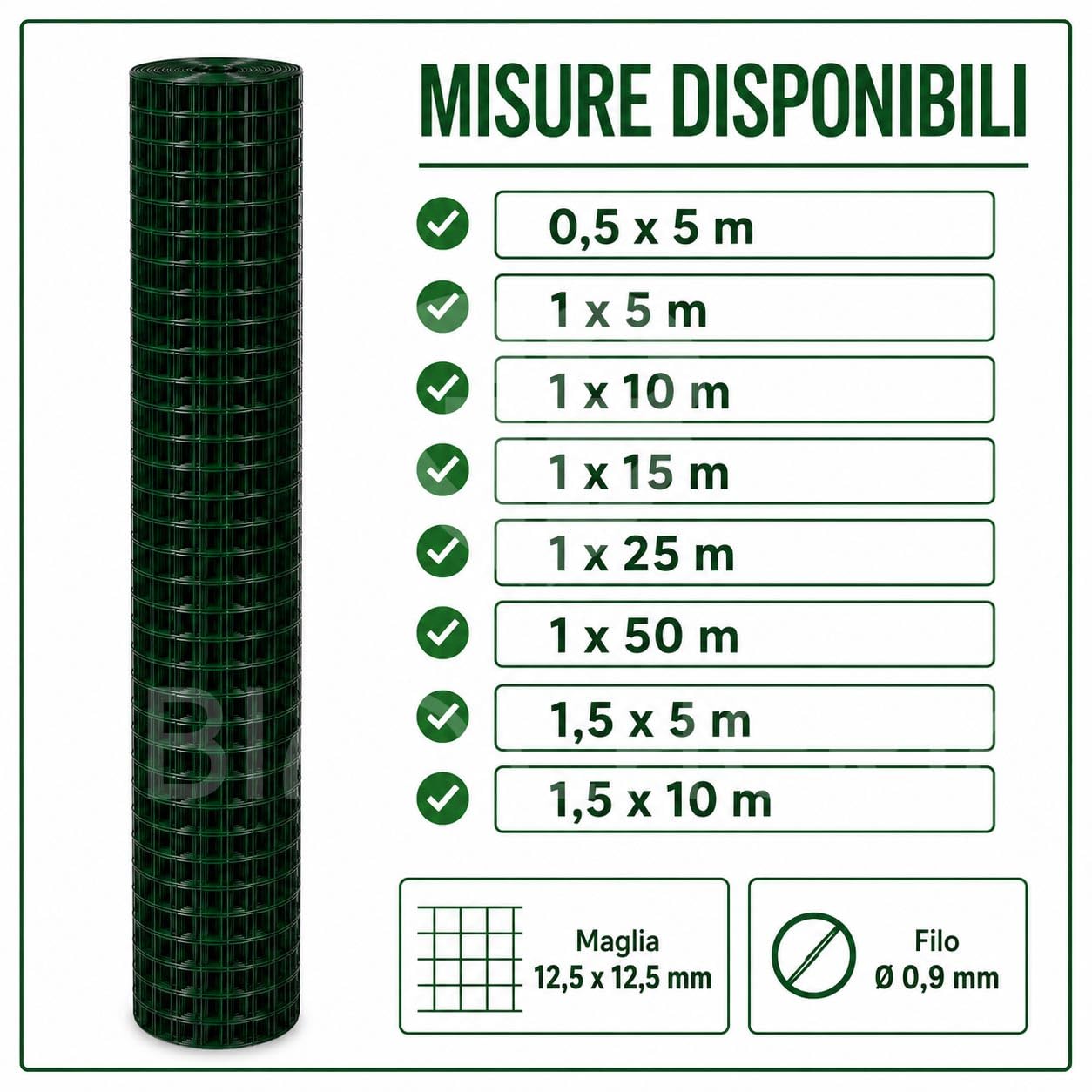 Rete Verde Plastificata Elettrosaldata, Maglia 12,5 mm, Filo 0,9 mm (1 x 25 mt)
