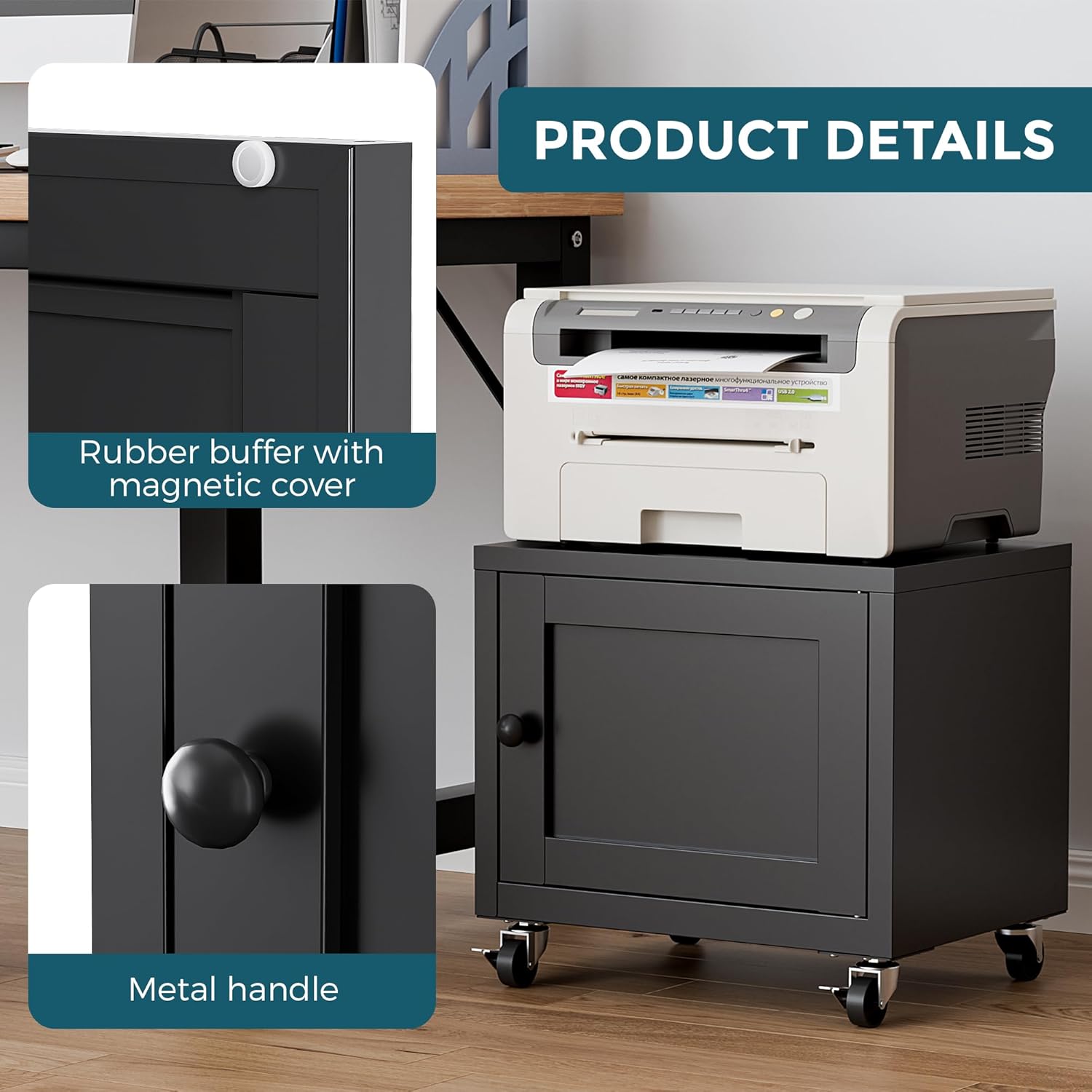 Small Printer Stand with Storage, Home Office Printer Table for Small Spaces, Under-Desk 3D Printer Stand with Wheels, for Office Copier and Fax Machine, Black
