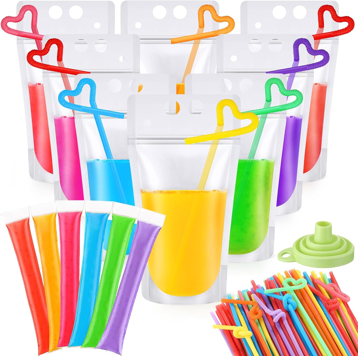 Nuenen 300 Pcs Drink Pouches with Straws for Adults and 300 Pcs Disposable Freezable Ice Mold Bags with 2 Funnels 16oz Clear Plastic Juice Pouches Smoothies Liquor Bags for Alcohol Cold Hot Drink