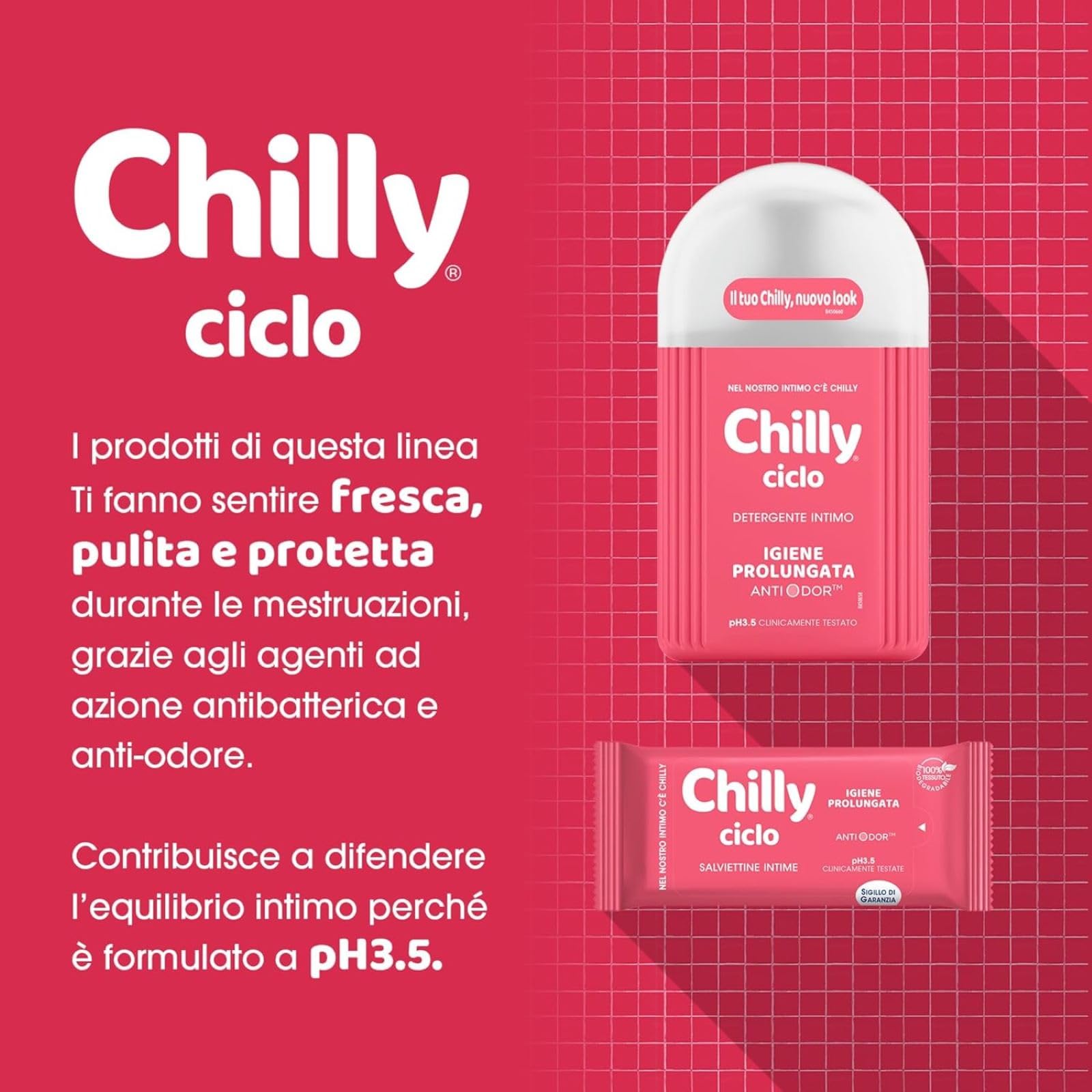 Chilly, Salviettine Ciclo, Salviette per l'Igiene Intima, Tessuto 100 % Biodegradabile, Ideali Fuori Casa, PH 3.5, Clinicamente Testato, Confezione da 12 Salviettine