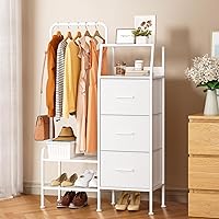 SWTYMIKI Dresser with Hanging Rack & 3 Fabric Drawers - 49.21" Tall White Storage Tower for Kids Bedroom, Dorm, Small Apartment Spaces