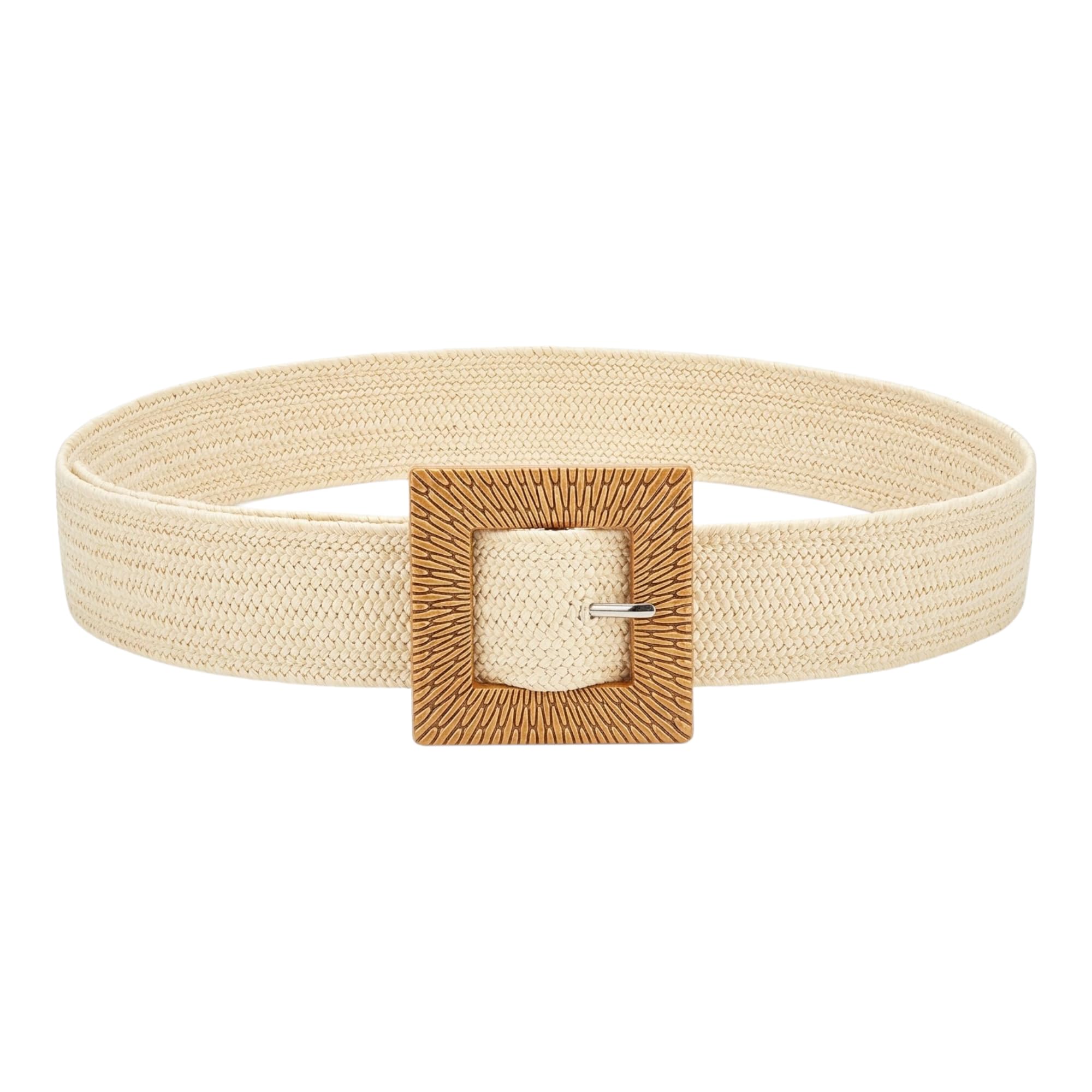 Women's Braided Woven Belt, Cream, Wooden Style Square Buckle, 40 Inch, 3.5 cm Wide, Adjustable Fit for Dresses and Casual Wear-picture-42