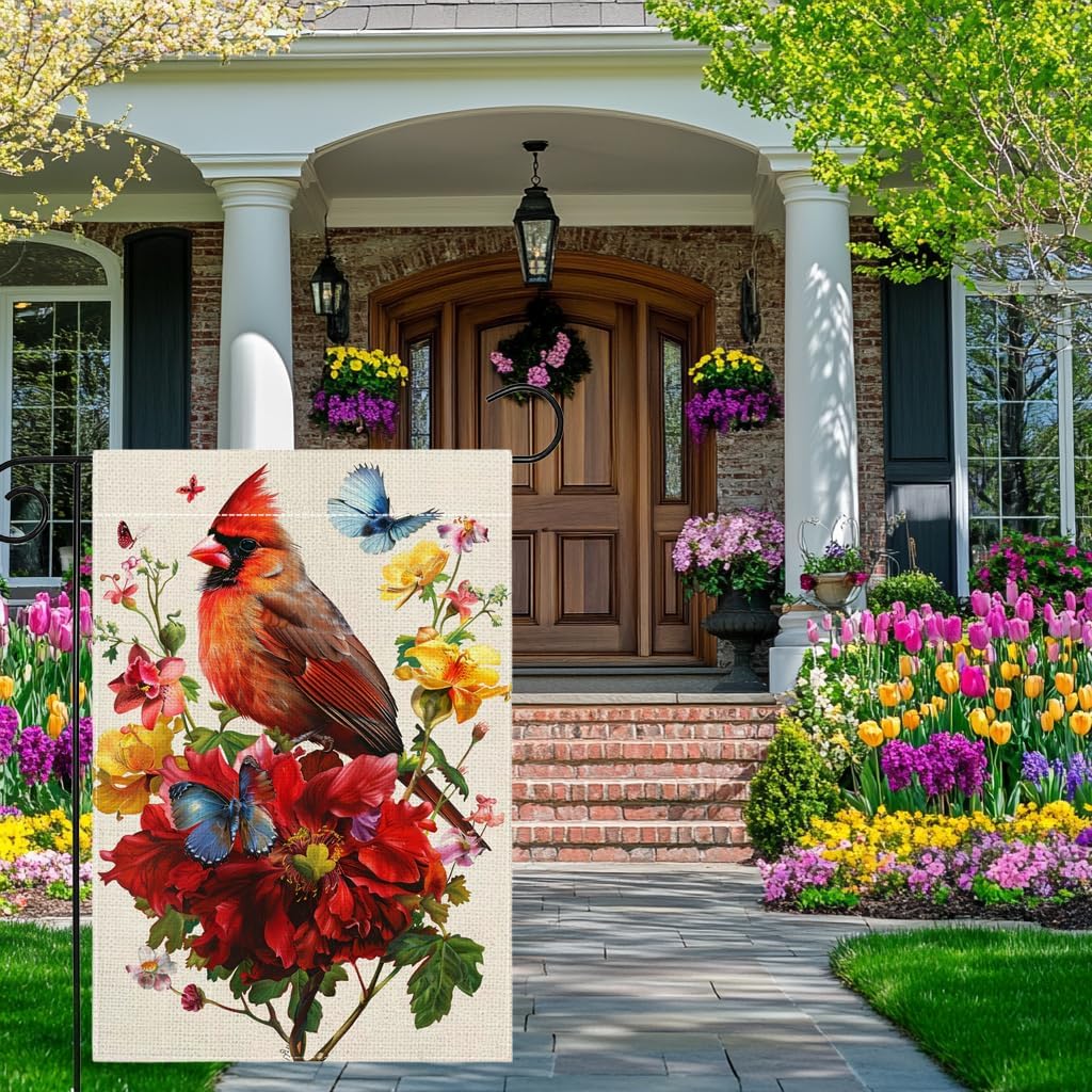 Red Bird Butterfly Flowers Garden Flag 12x18 Inch Double Sided Spring Summer Cardinal Flower Yard Outdoor Flag House Holiday Outside Decoration - Image 3