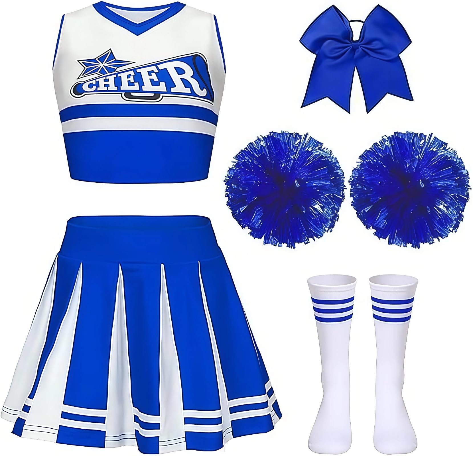Gekyve Girls Cheerleading Costume for Kids – Cheer Uniform with Pom Poms, Socks & Hair Bow, Sleeveless Cheer Outfit for School Sports Events, Carnival, Masquerade & Halloween Dress Up