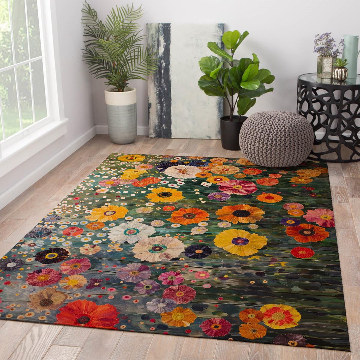 Tapis bohème floral vintage 90x150cm lavable pour salle de jeux