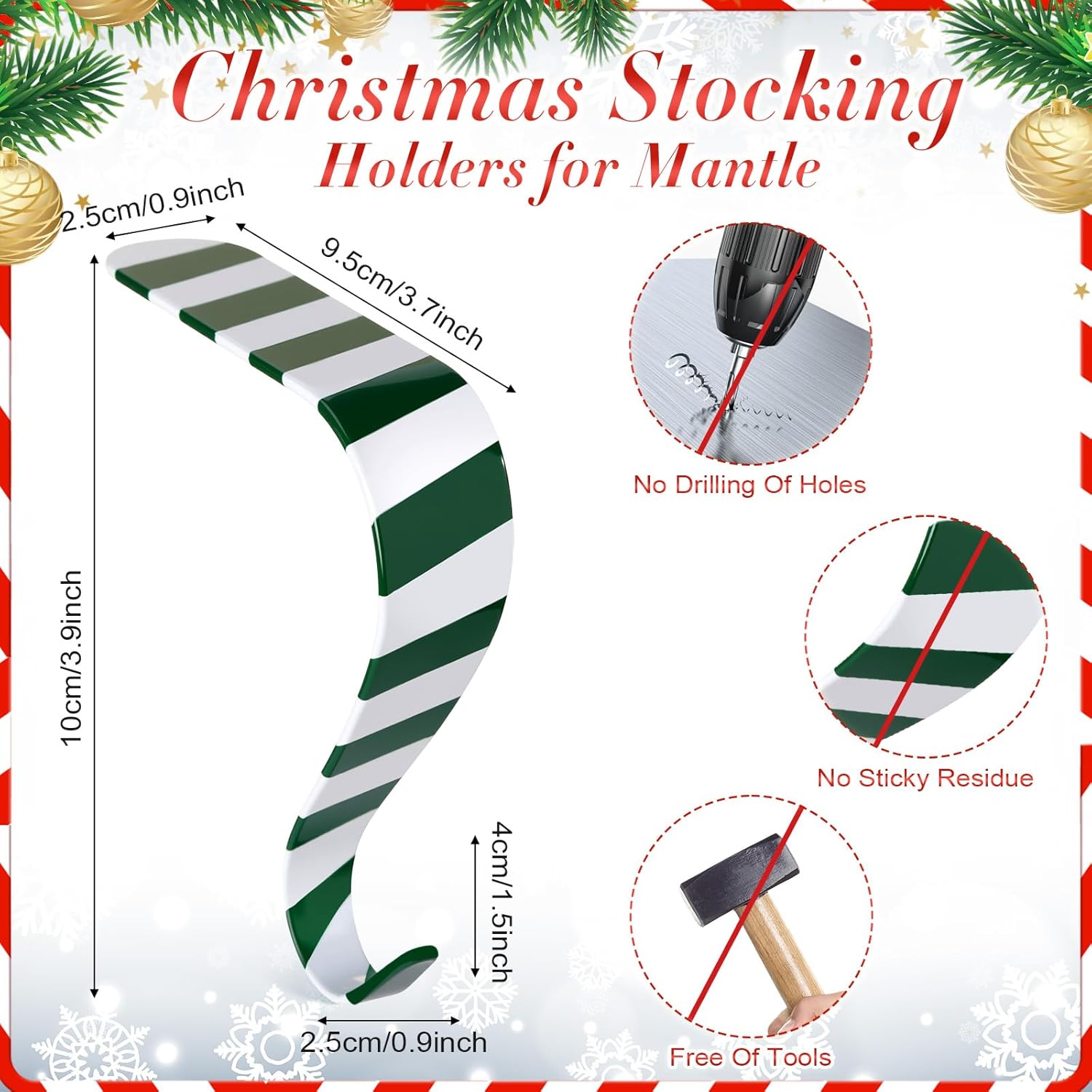 Hicarer Set of 6 Christmas Stocking Hooks for Mantle, Metal Holders for Hanging Stockings, Stocking Hangers for Fireplace for Christmas Decorations (Striped)