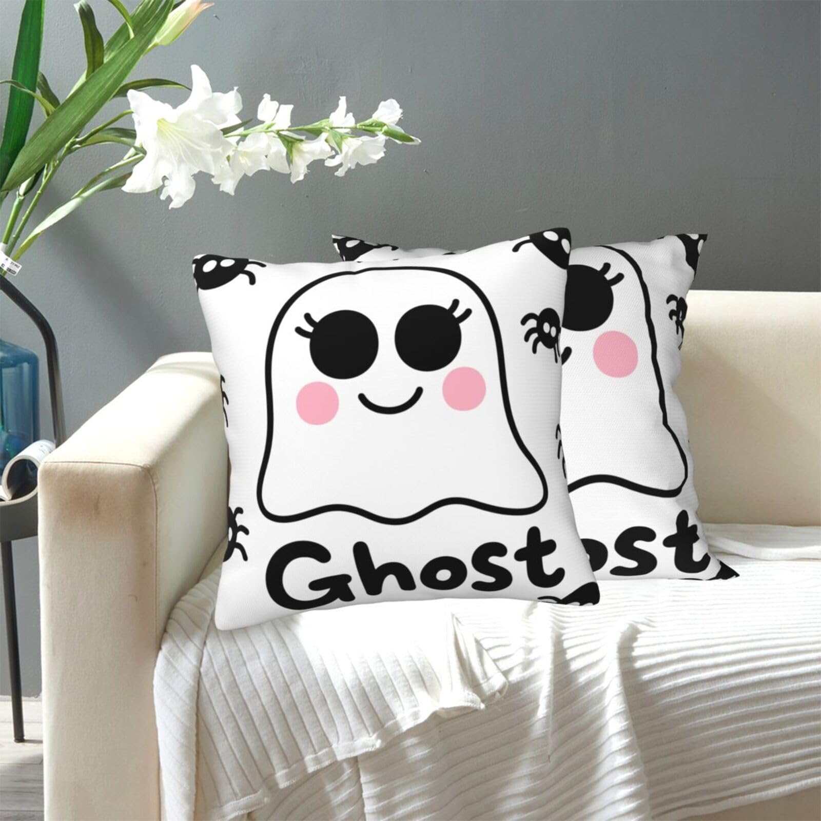 FekiLoot Decorative Throw Pillow Covers Modern Farmhouse Pillowcase Double Sided Cozy Cushion Cover for Sofa Couch Bed 18"X18" Funny White Big Eyes Ghost with Spider