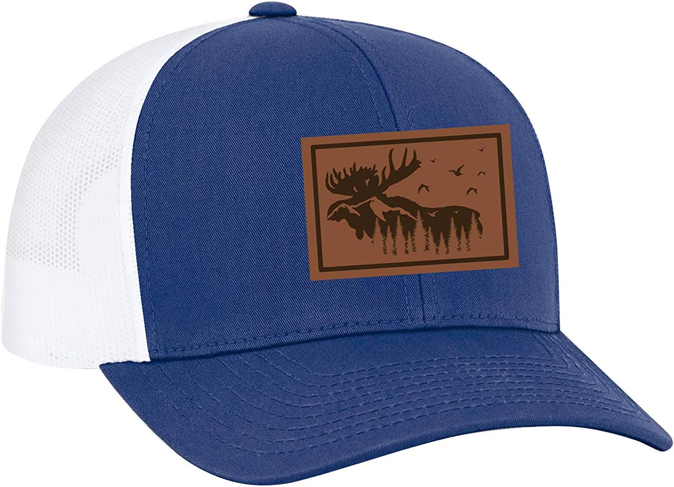 Trenz Shirt Company Men's Scenic Moose Mountain View Outoors Laser Engraved Leather Patch Mesh Back Trucker Hat