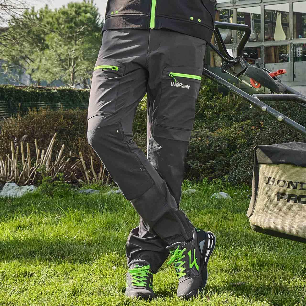 U-Power Don't Worry... BE Happy! - Pantalone da Lavoro in Tessuto Stretch, con Tasche, vestibilità Jogging Horizon Asphalt Grey/Green, Pantaloni Casual da Lavoro Uomo