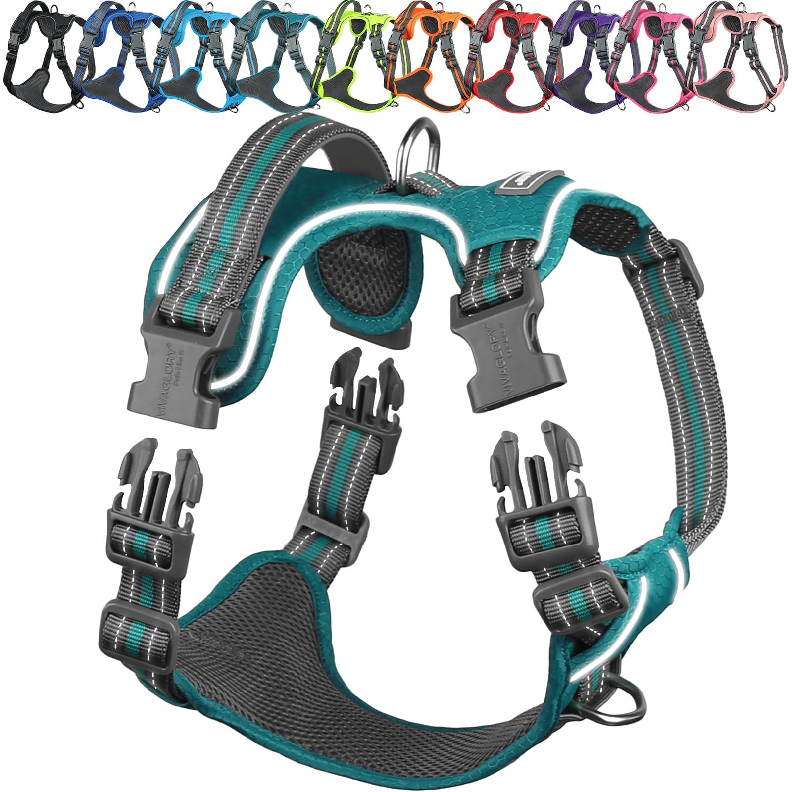 VIVAGLORY Dog Harness Easewalk No Pull Dog Harness with Handle Front Clip & Back Clip for Training Walking Lifting, No Pull Adjustable Easy On Padded Comfortable for Pet, S, Hunter Teal - Patterned