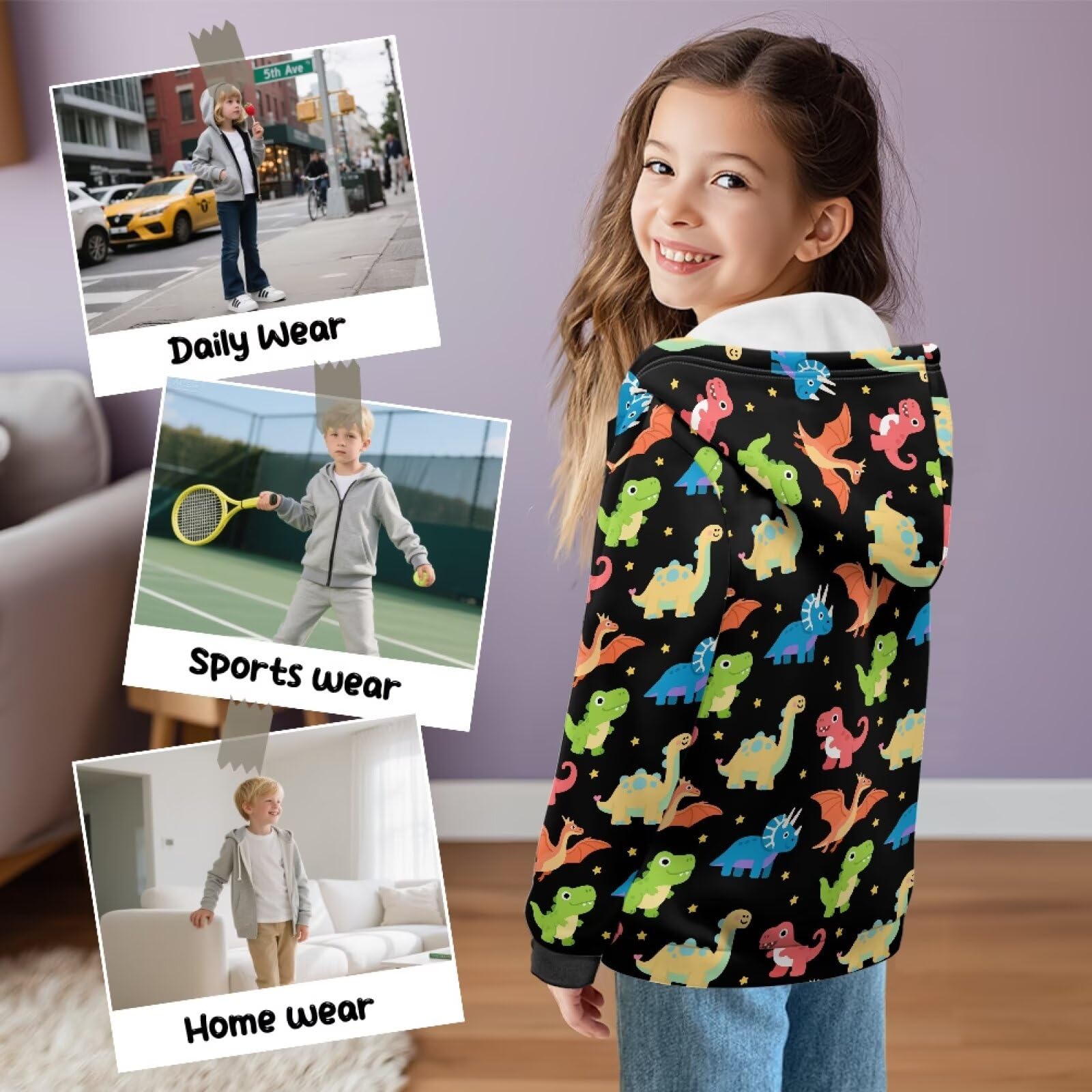 Biyejit Mädchen-Kapuzenpullover mit Reißverschluss, Fleece-Pullover, Sweatshirt, langärmelig, PE, Schulpullover für Reisen, Alltag, S-XL, Dinosaurier, 11-13 Years