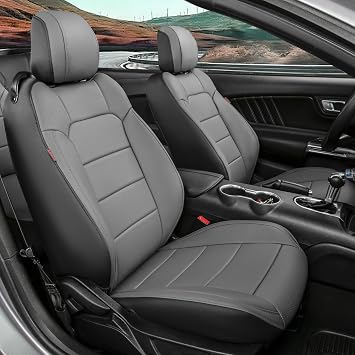 coverdream Mustang Leather Seat Covers Custom Fit for 2015-2026 Ford Mustang Coupe Fastback,Rear W/Split Backrest,Fully Covered,Airbag Compatible Waterproof Car Seat ProtectorFull Set,Black/Gray