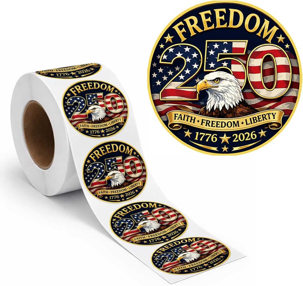 500 Pcs/Roll 1.77" Round Patriotic 250th Anniversary Stickers, Waterproof Vintage USA Decals, Retro 4th of July American Flag Labels for Gifts, Envelopes, Party Decor
