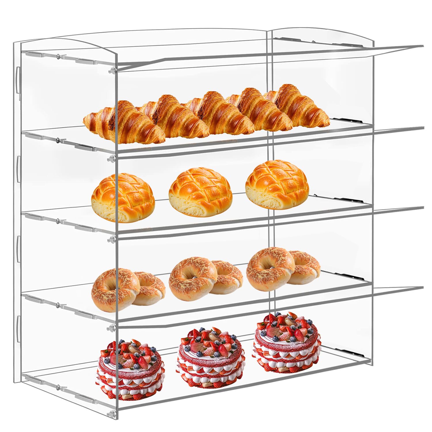 Vitrina acrílica para panadería, vitrina de pasteles, gabinete de pan transparente de 4 niveles, soporte acrílico para pan, galletas, donut, cupcakes para fiestas, eventos, tiendas, 49 x 23 x 50 cm