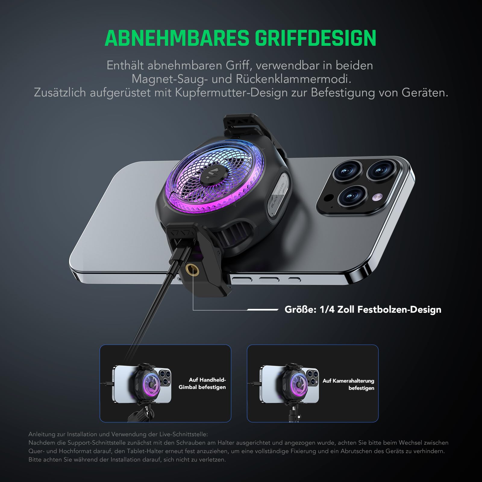 Black Shark 4PRO Magnetic Cell Phone Cooler, Handy-Kühler mit abnehmbarem Griff, App-gesteuerte Temperaturregelung, tragbarer RGB-Kühlventilator
