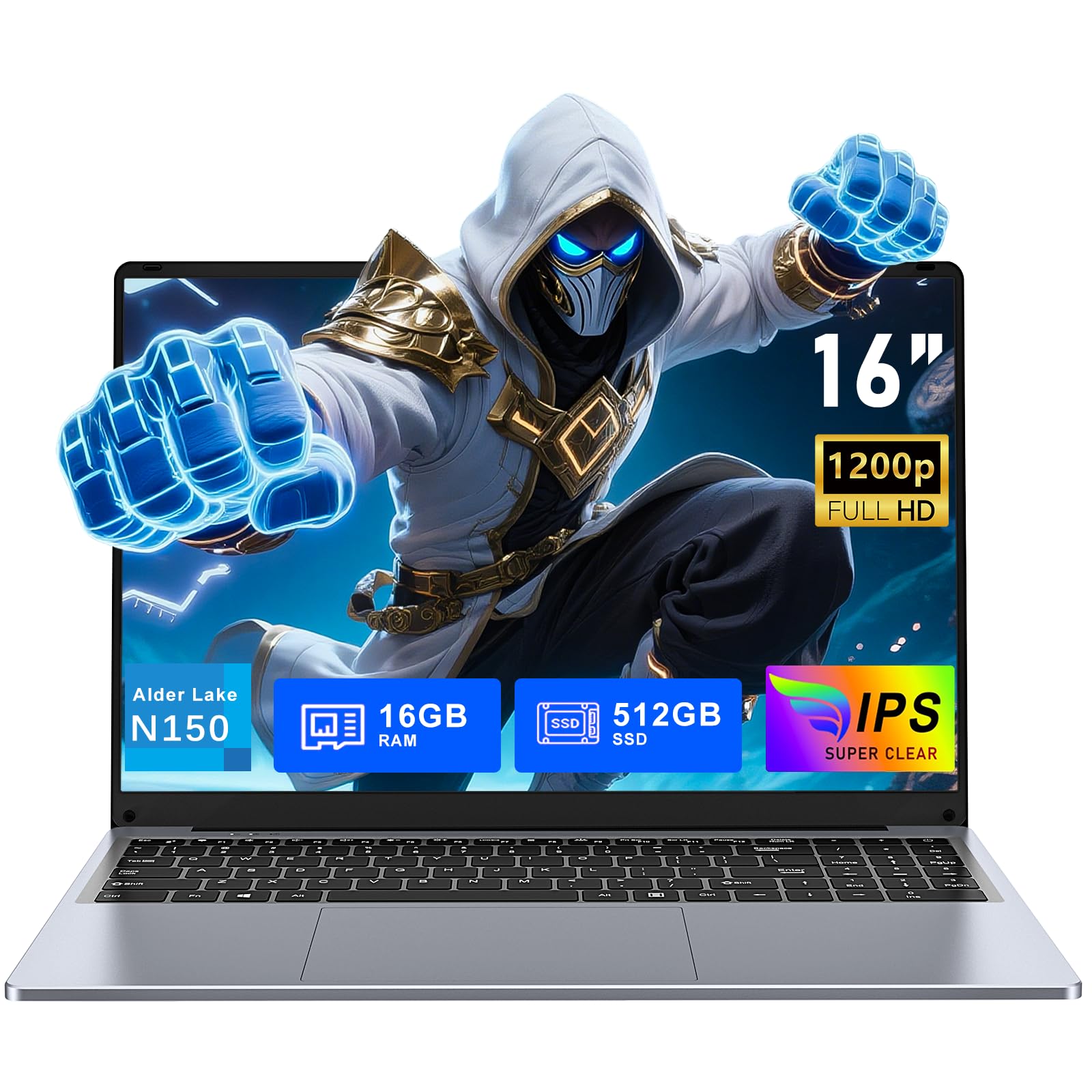 FUNYET Computer portatile da 16 pollici Gaming Laptop, 16 GB di RAM, 512 GB di SSD, Win 11 Pro Notebook, PC portatile Processore N150 (fino a 3,6 GHz), 6000 mAh, FHD 1920 x 1200, tastiera