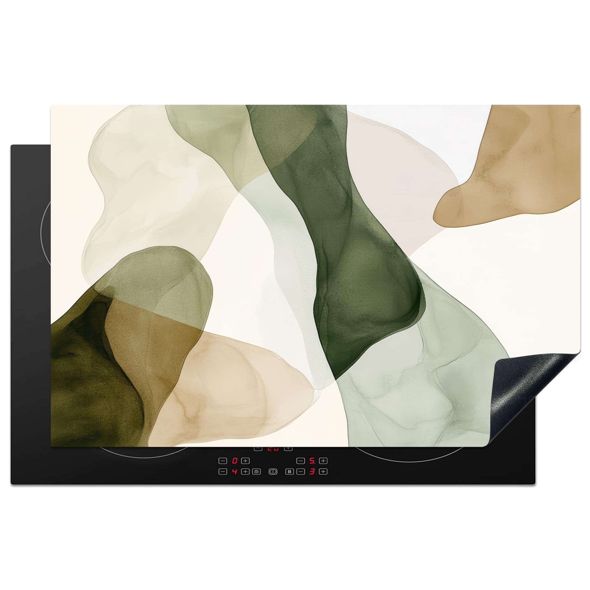 KitchenYeah© Induction Hob Protector Mat 20.5"x31.9" / 81.2x52 cm Stove Cap Top Cover Kitchen Cooker Covers for Electric Hobs Vinyl Japandi - Abstract - Green