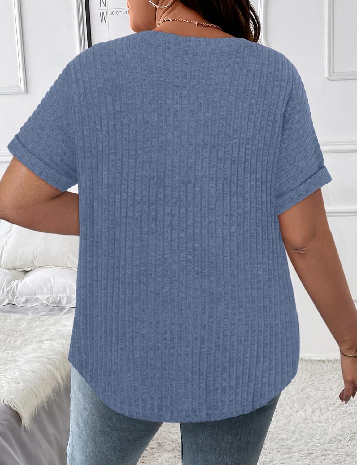 Cucuchy Style Womens Plus Size Tops Casual V Neck Shirts Short Sleeve Solid Color Blouses - Image 4