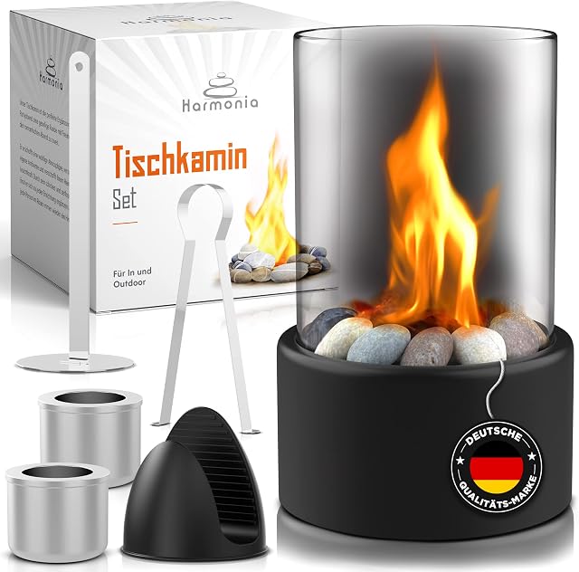 Ethanol Table Fireplace for Indoor/Outdoor Use with Multi-Combustion Chamber System | Warming Table Fire in Black/White & Silver - The Best Gift Idea for Men and Women | Harmonia (Black)