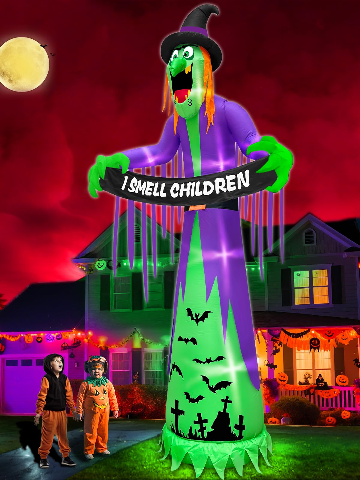 TURNMEON Ogromne nadmuchiwane przedmioty na Halloween, dekoracje na zewnątrz, straszna czarownica trzyma zapach dzieci, baner LED do wysadzania podwórka, dekoracja na Halloween, ogród, trawnik,