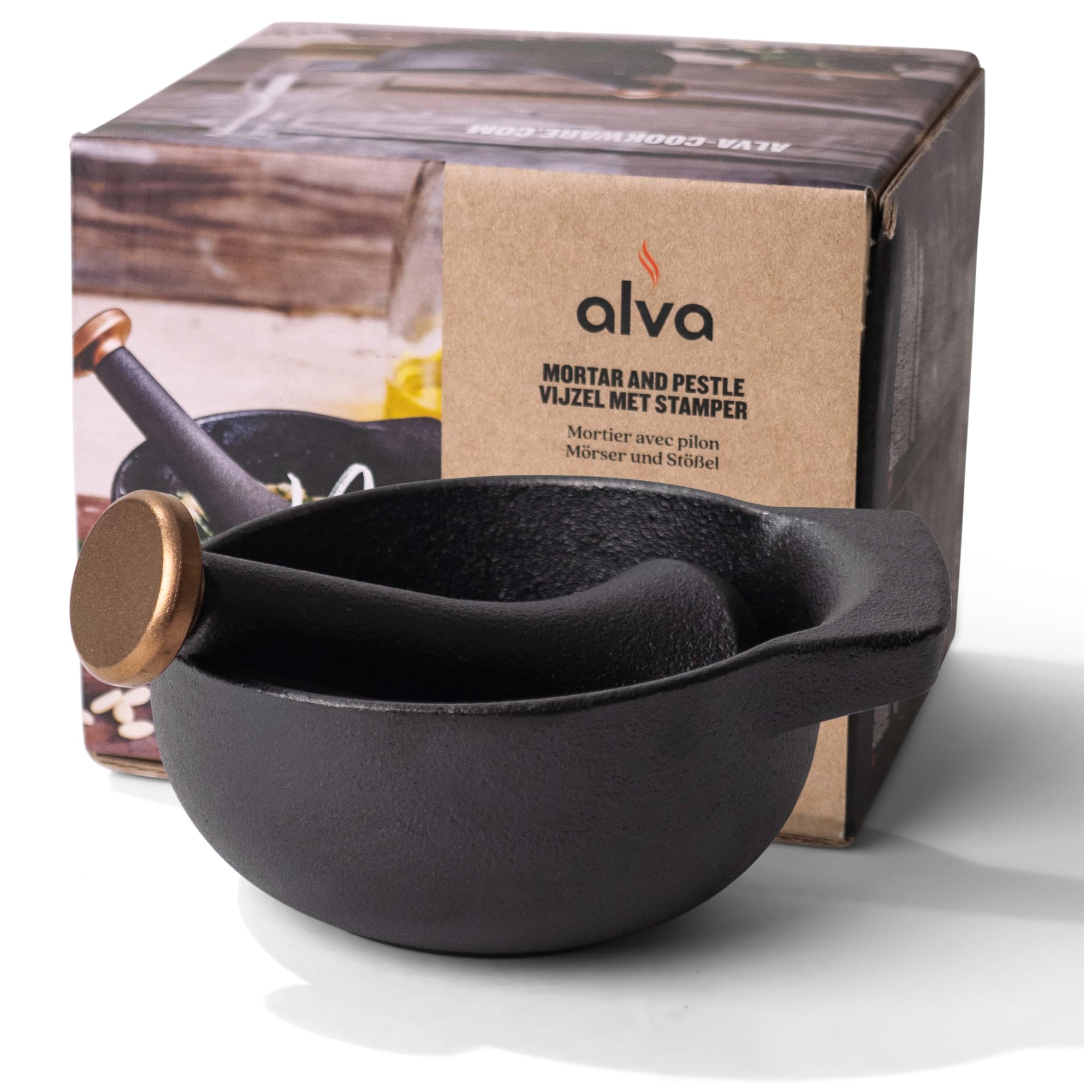 Alva Nori Enameled Cast Iron Mortar & Pestle Set - 2-Cup Heavy Duty Spice Grinder with Textured Interior - Durable Kitchen Tool for Guacamole, Herbs, Pesto, 4" Black Non-Toxic - Image 9
