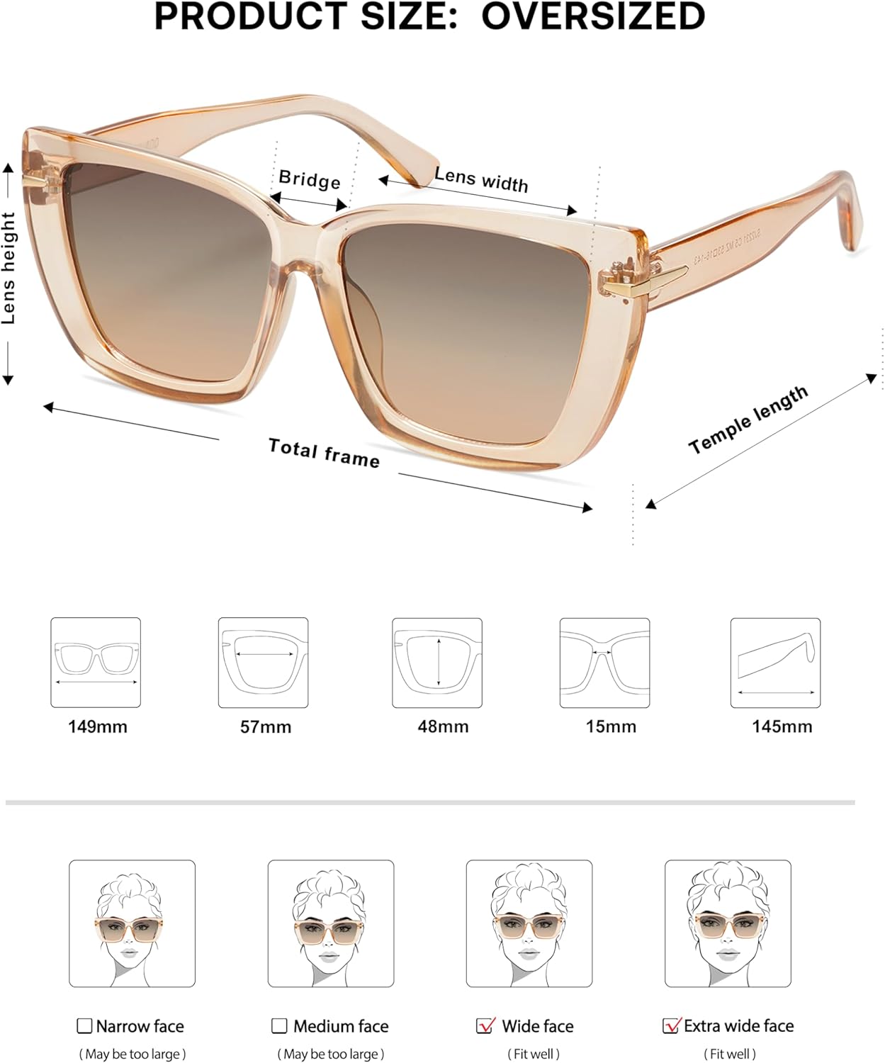 SOJOS Big Large Oversized Cat Eye Sunglasses for Women, 70s Trendy Plus Size Designer Shades SJ2231 - Image 5