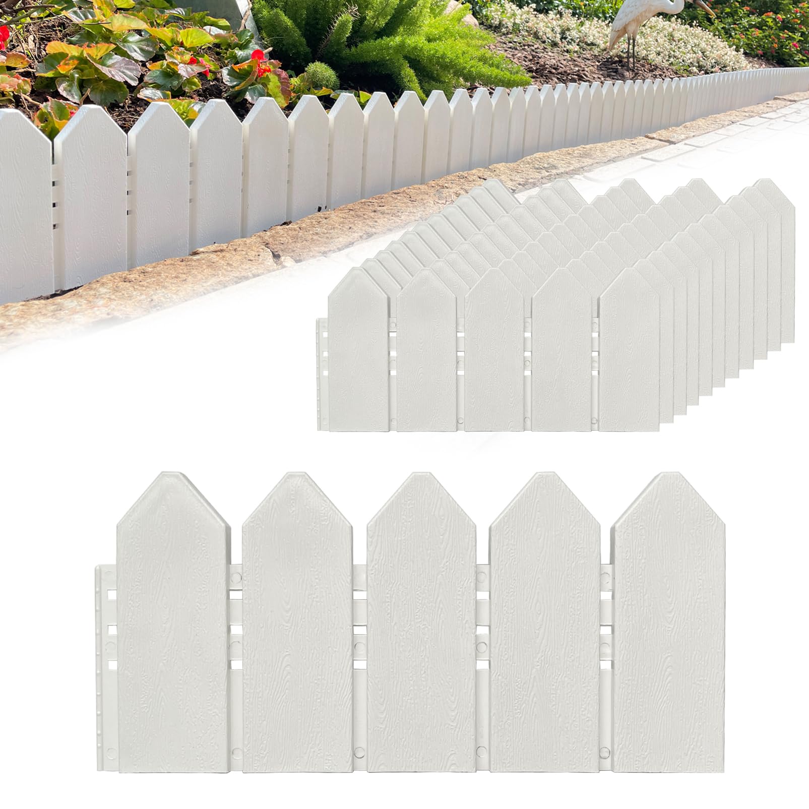 Landscape Edging Kit 6.7 in Tall Decorative Double-Sided Wood-Look Fence Garden Border, Flower Bed Edging with 30 Anchoring Spikes, 13.9 Foot Kit (White)